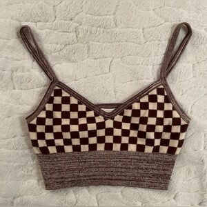 Find Me Now Presley Knit Crop Top in a brown and cream checkerboard pattern S